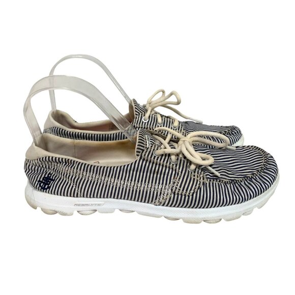 Skechers On The Go Womens Size 8.5 Lace Tie Up Sneakers Shoes Blue White Striped - Picture 3 of 5